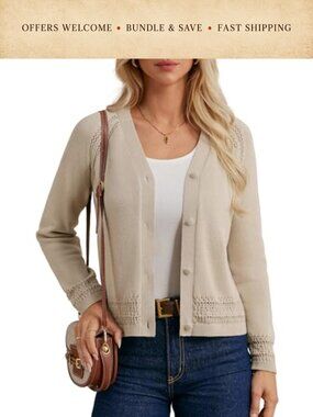 Women's Long Sleeve Cotton Knit Cropped Button Cardigan V-Neck Sweater